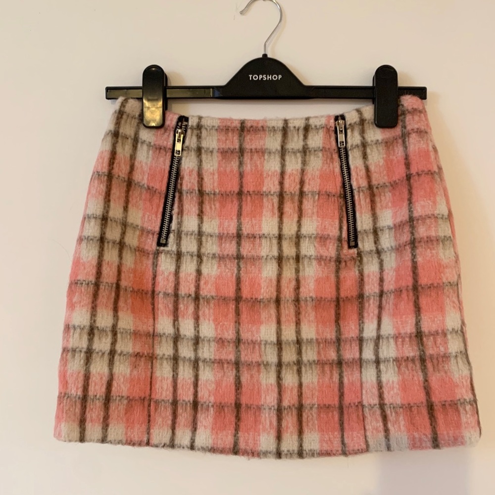 Pink Checkered Print Wool Short Skirt